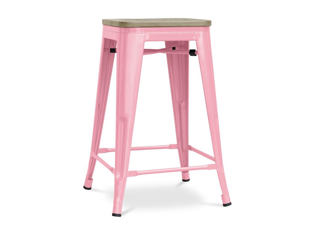 Tabouret industriel acier brillant et assise en bois massif naturel Calmetop 60cm-Couleur Rose 58756FETC