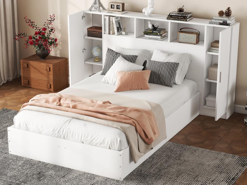 Lit double en bois 140x200 cm - tête de lit avec 2 portes et 3 niches de rangement - Bois MDF - Sommier à Calmetop - Blanc 40703TWPW
