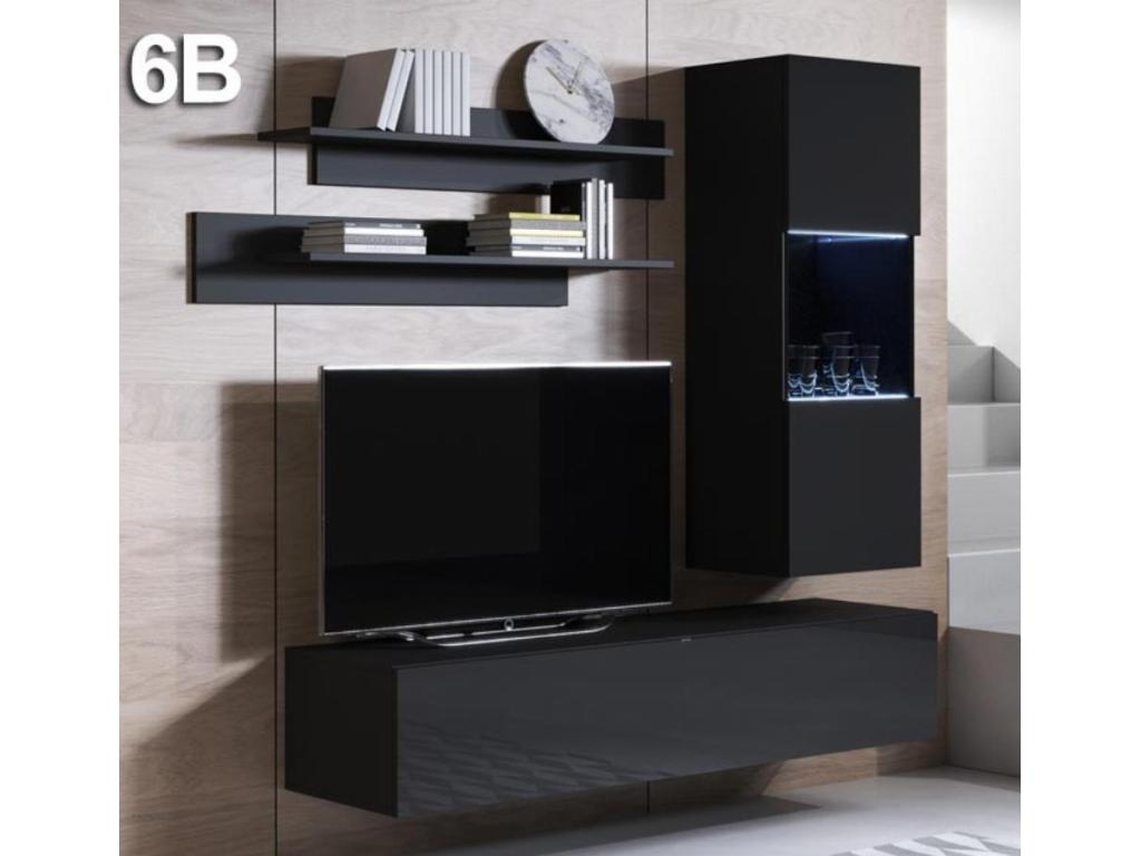 Meuble tv mural pour Salon Salle à manger en Noir avec LED 160x40x166cm Calmetop 6 13770GATT