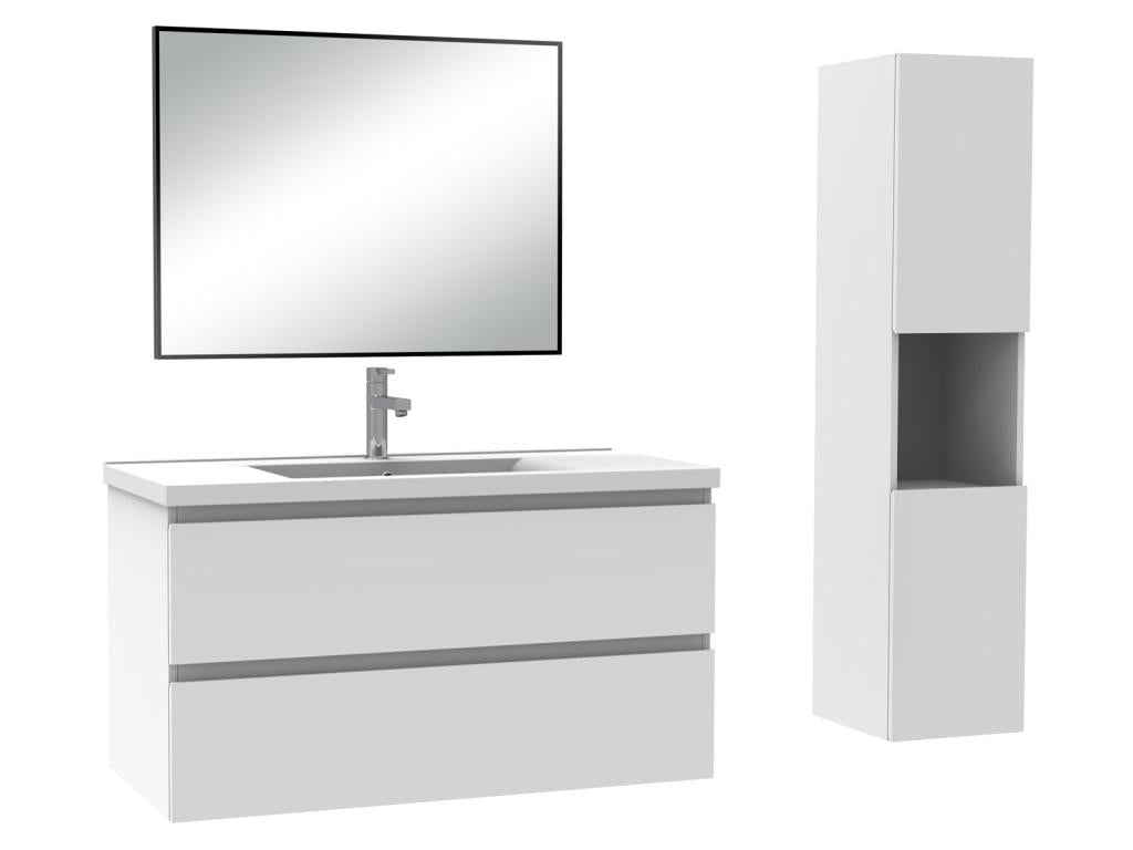 Ensemble Salle De Bain 100cm Blanc meuble miroir colonne vasque-Calmetop 57578INRF