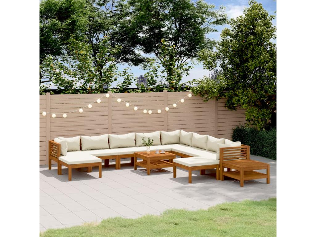 Salon de jardin 12 pièces avec coussin crème Bois d'Calmetop solide 19592CLPI