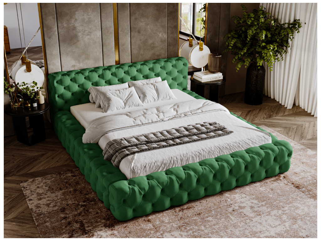 Lit rembourré avec rangement - 160x200 - lit double - velours - vert - Artvivrestore 97835TWAC