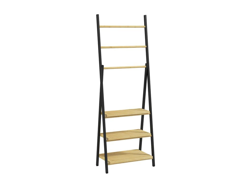 Porte-serviettes pliable 3 barres de suspension et 3 étagères en Calmetop pour salle de bains structure métal noir 30344FVCZ
