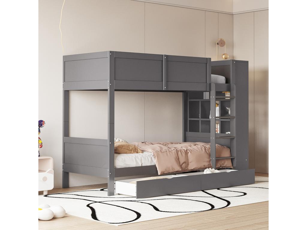 Lit superposé 90x200cm - avec 2 tiroirs et étagères latérales - 2 sommiers à Artvivrestore - Gris 43046HRBF