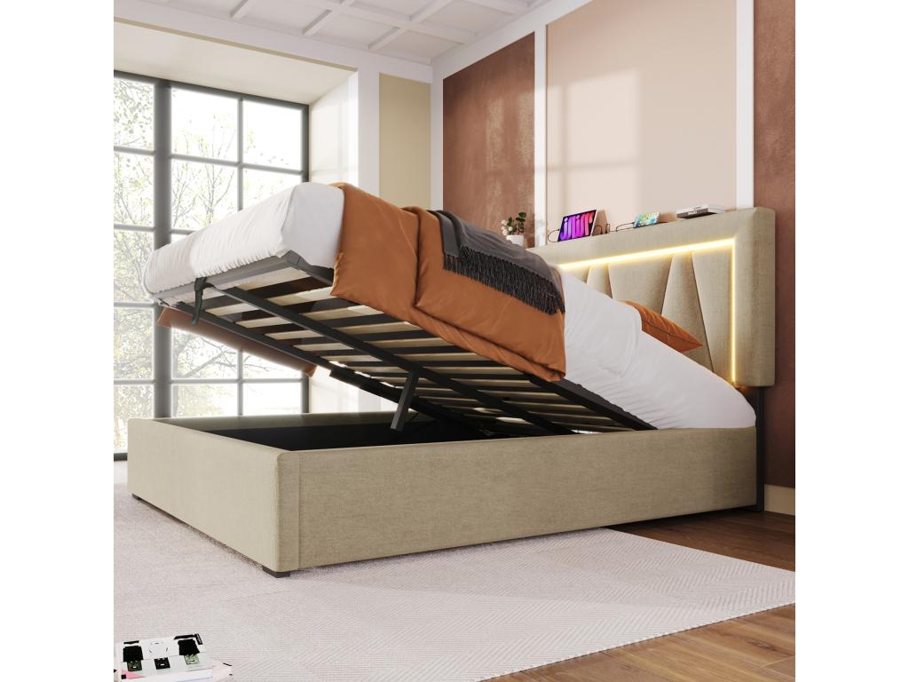 Avec fonction de chargement USB type C et éclairage LED lit double 160x200 pour adolescents sans matelas 90238NSXO
