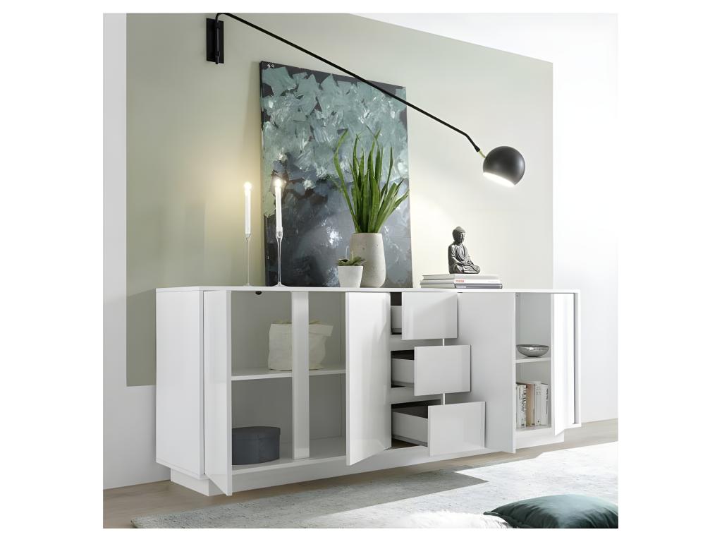 Buffet 4 portes 3 tiroirs Blanc Laqué Brillant - Artvivrestore 22134ULCZ