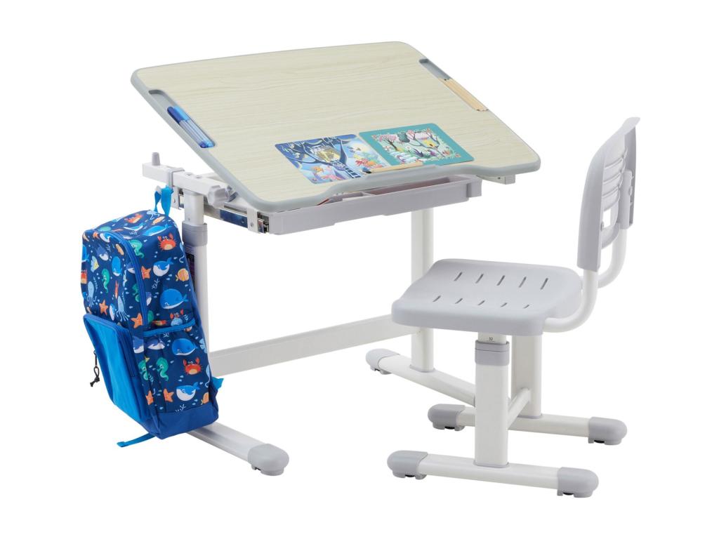 Ensemble bureau et chaise pour enfant Calmetop réglable en hauteur pupitre inclinable chêne Calmetop métal blanc et plastique gris 67964WETB