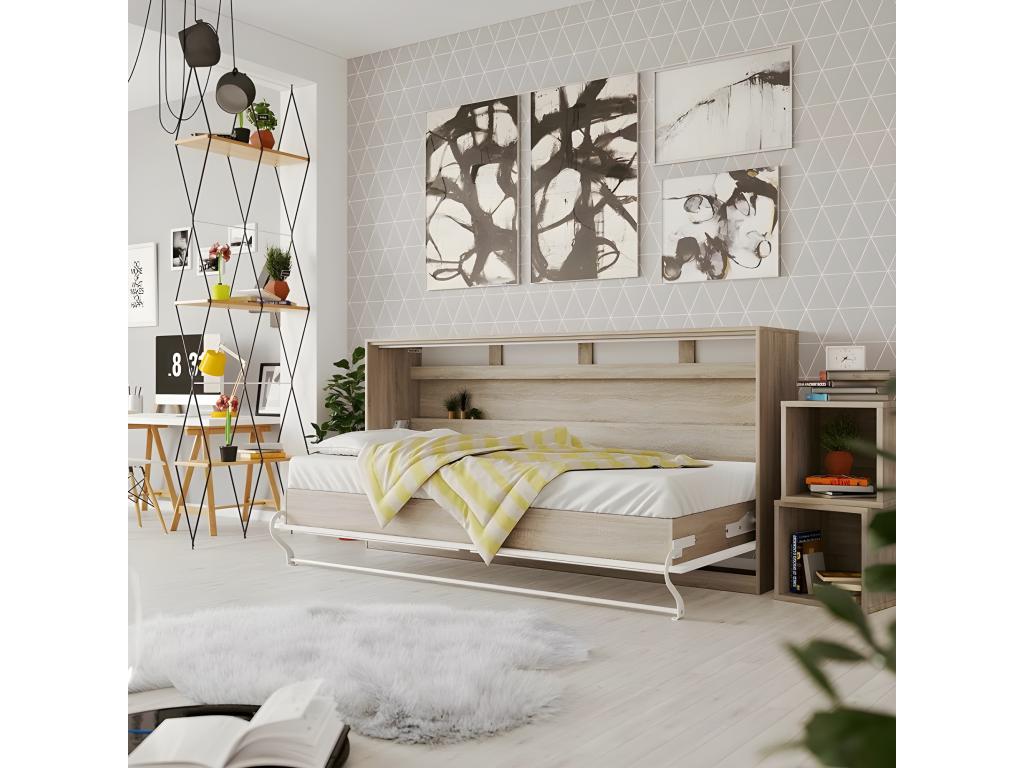 Armoire Lit escamotable 90x200cm Artvivrestore Lit Horizontal Rabattable Lit Mural Chêne Artvivrestore/Blanc 20283JZRJ
