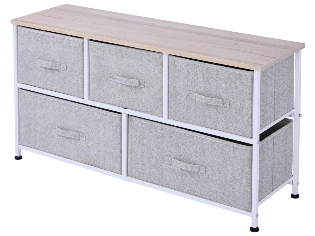 Commode meuble de rangement dim- 100L x 30l x 54H cm 5 tiroirs non-tissés gris structure métal blanc plateau MDF bois clair 72199WFQB