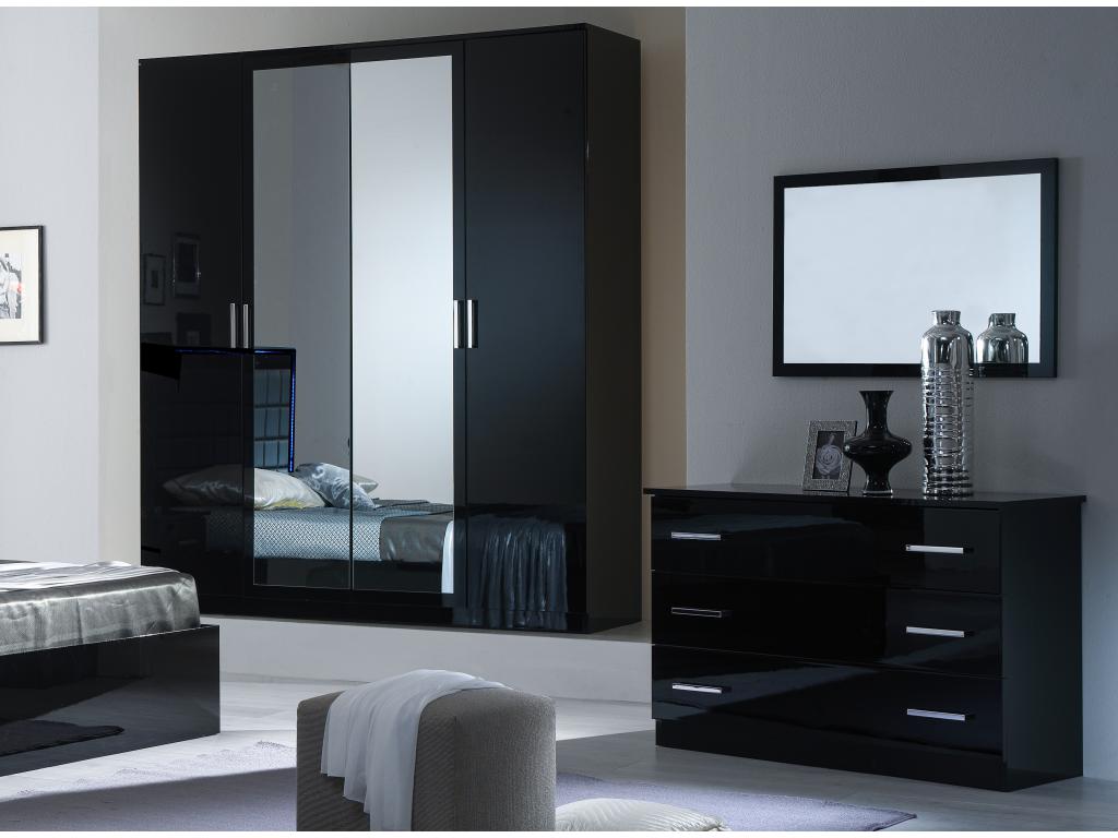 Armoire design de chambre 4 portes battantes bois laqué noir Calmetop 181cm 42460GEYF