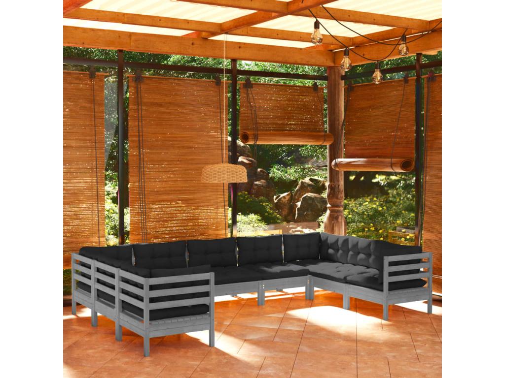 Salon de jardin 9 pcs avec coussins Gris Bois de pin 2 82170CTQE