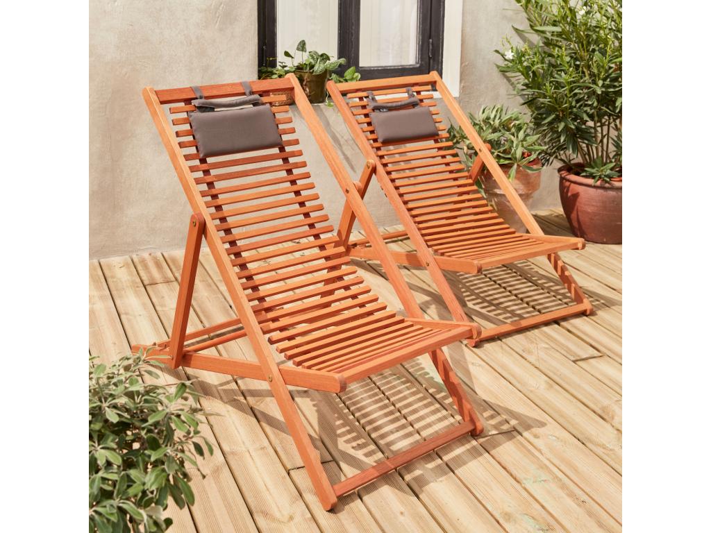 Chiliennes bois à Artvivrestore - 2 transats en bois d'Eucalyptus huilé avec coussin repose-tête gris 88515HGZO