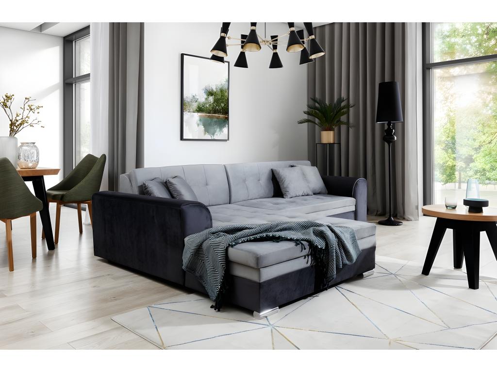 Canapé d'angle convertible en tissu velours gris et noir Luxe 5 places angle gauche vu de face Calmetop 47607PSSH