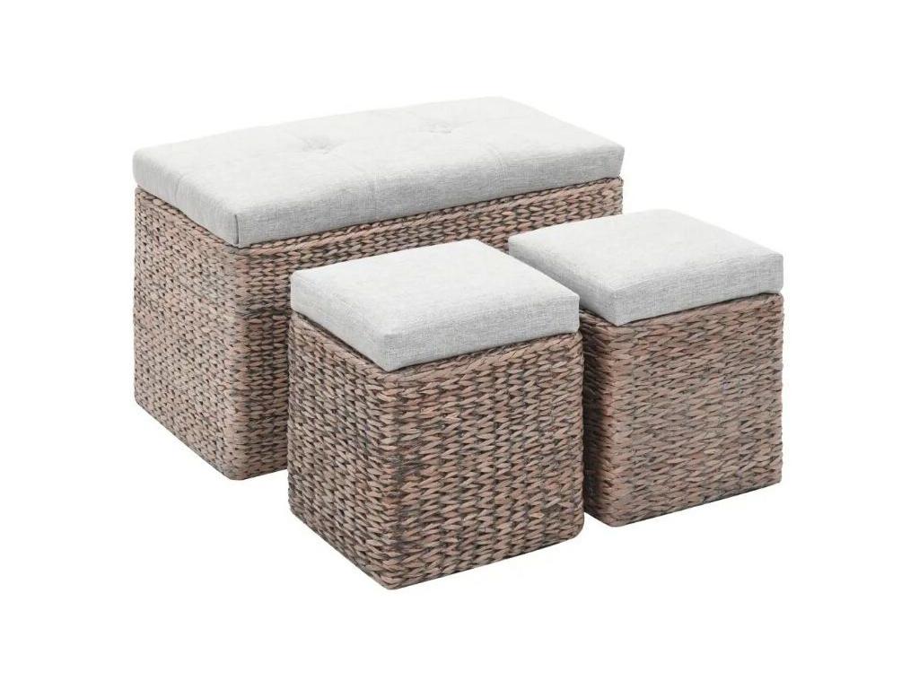 Banquette coffre capitonné jacinthe d'eau gris avec pouf Calmetop - Lot de 3 89396QUOD