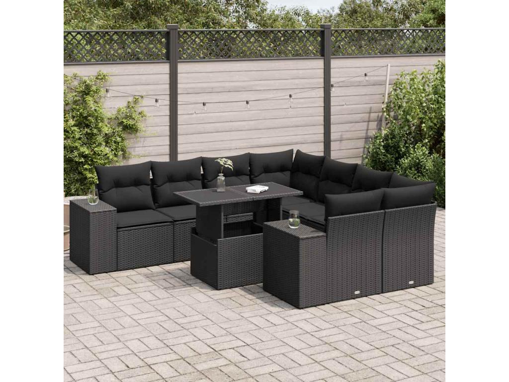 Salon de jardin 9 pcs avec coussins noir résine tressée 00425XTNI