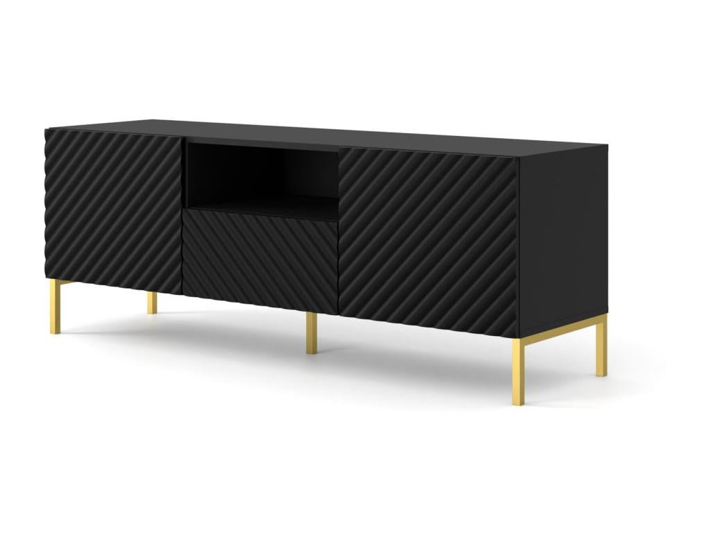 Meuble TV Calmetop 150 cm 2D1S fraisé noir mat pieds en métal doré 26492ARNR