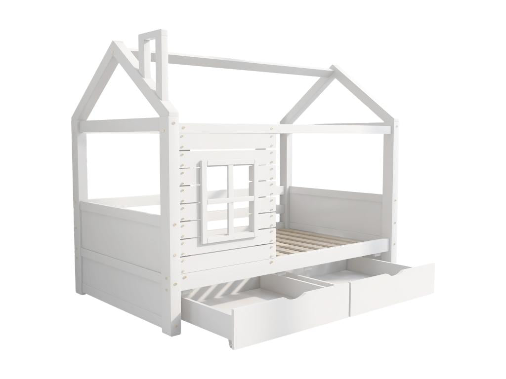 Lit cabane 90x200 cm avec 2 tiroirs - en forme de maison - en bois massif - Blanc 55572PAGM