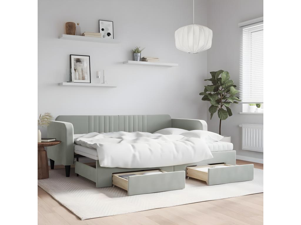 Lit de jour avec gigogne et tiroirs gris clair 80x200cm velours 83508VLHH