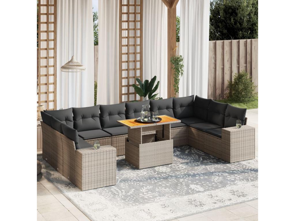 Salon de jardin 11 pcs avec coussins gris résine tressée 82402GZUR