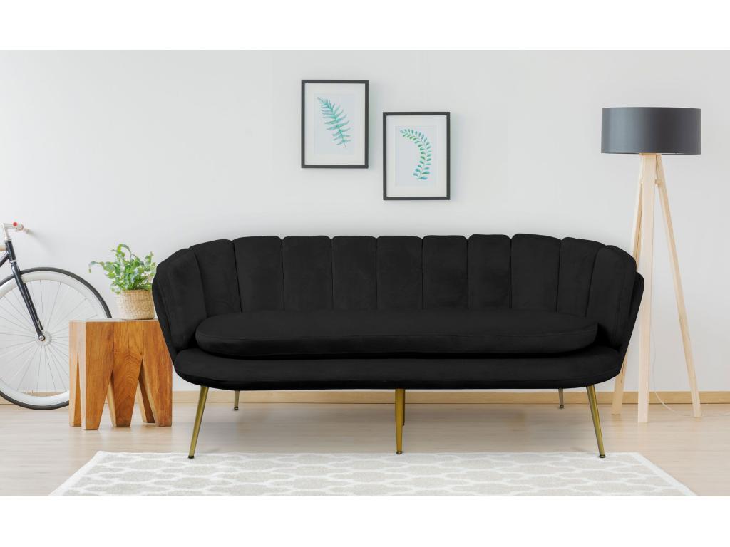 Canapé style coquillage 3 places Calmetop Velours Noir pieds Or 40683FUPQ