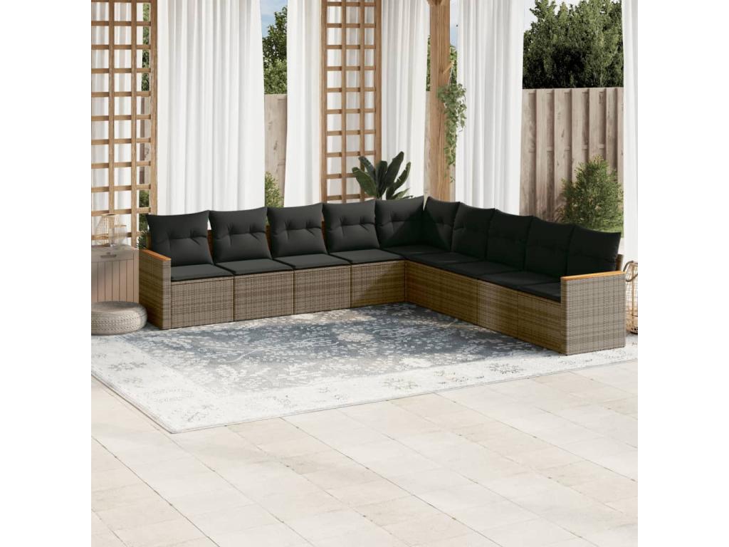 Salon de jardin 9 pièces avec coussins gris résine tressée 32848VABU