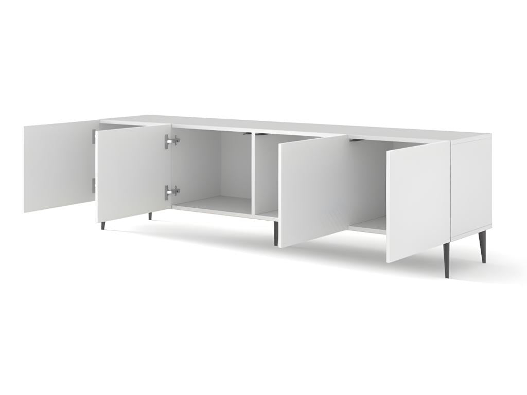 Meuble TV meuble Hi-fi sur pied Blanc Mat 200x42x56cm RAVI C DIAMANT Pied noir 20711DRRN