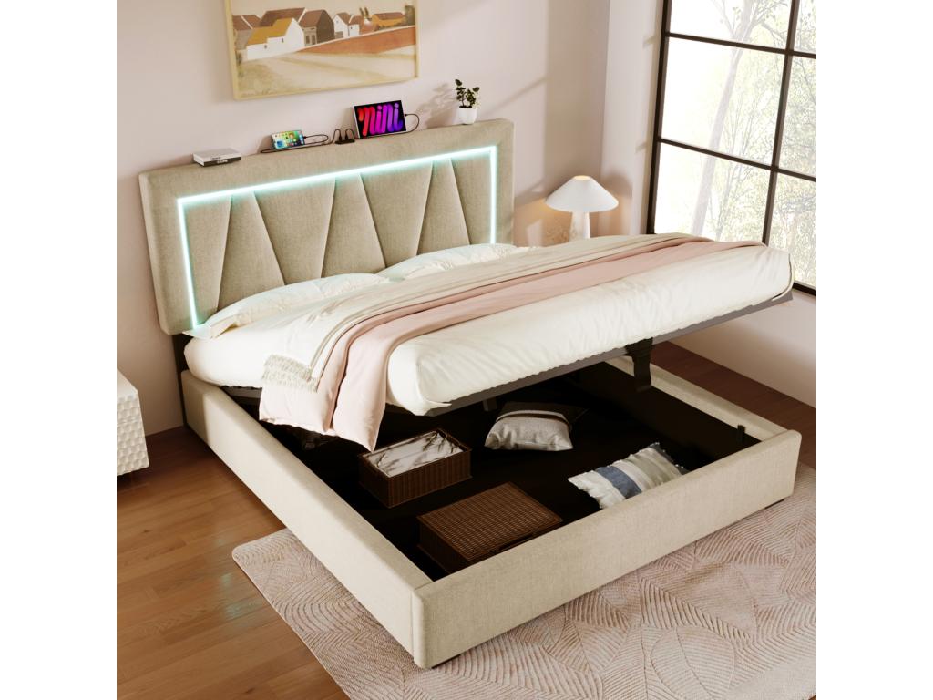 Avec fonction de chargement USB type C et éclairage LED lit double 160x200 pour adolescents sans matelas 90238NSXO