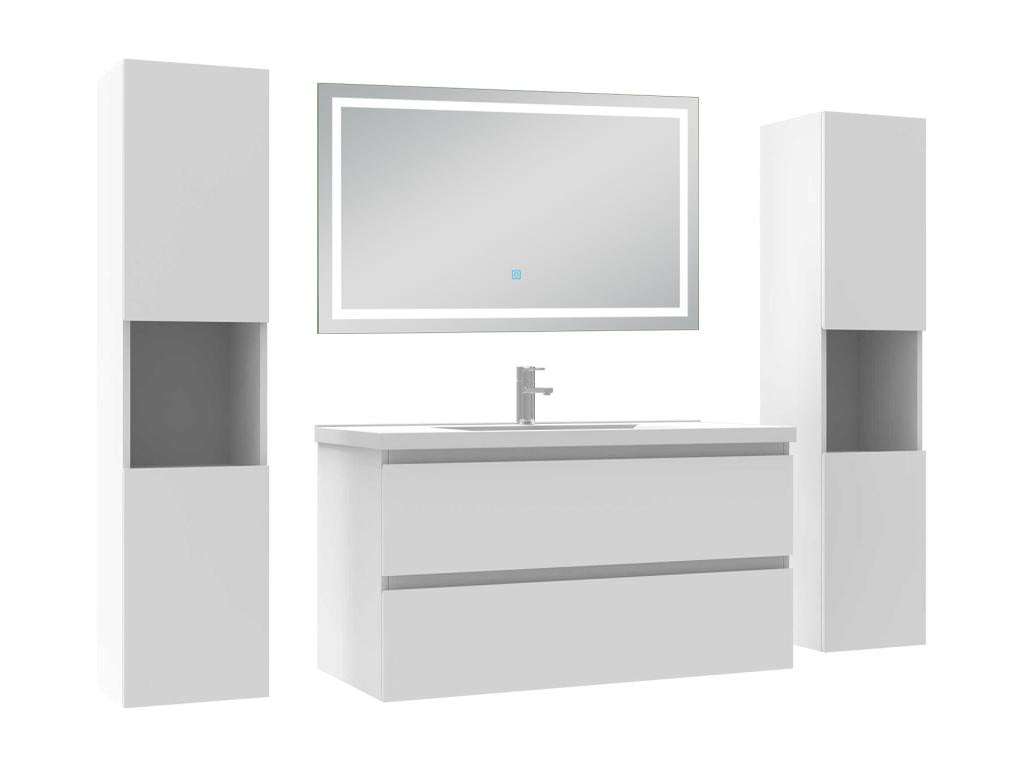 Ensemble meubles Salle de Bain 100cm avec colonne et miroir lumineux 3 couleurs et dimmable blanc 23012RSUA