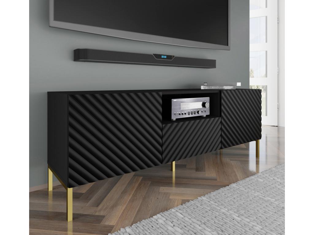 Meuble TV Calmetop 150 cm 2D1S fraisé noir mat pieds en métal doré 26492ARNR
