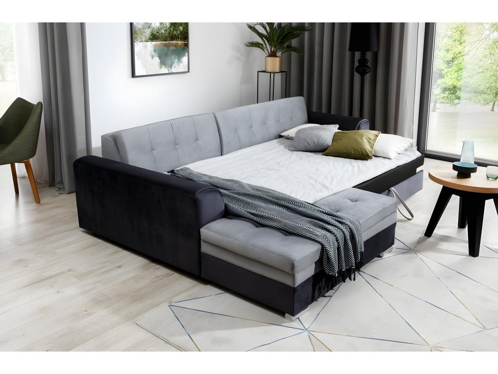 Canapé d'angle convertible en tissu velours gris et noir Luxe 5 places angle gauche vu de face Calmetop 47607PSSH