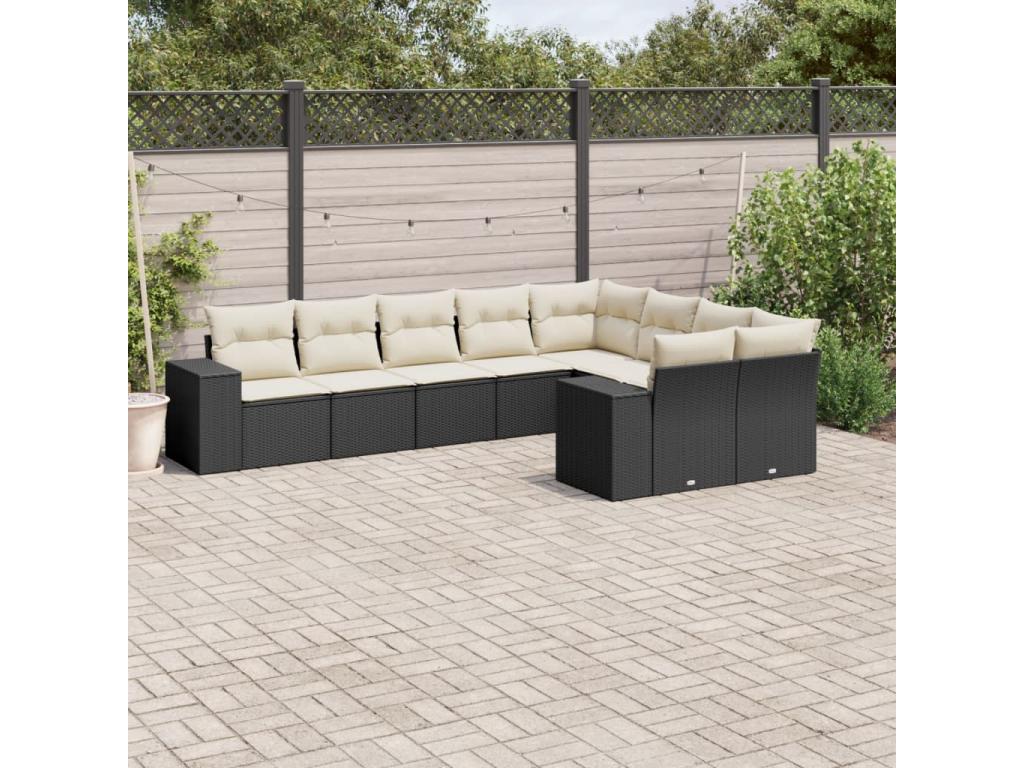 Salon de jardin 9 pcs avec coussins noir résine tressée 08860YRLT