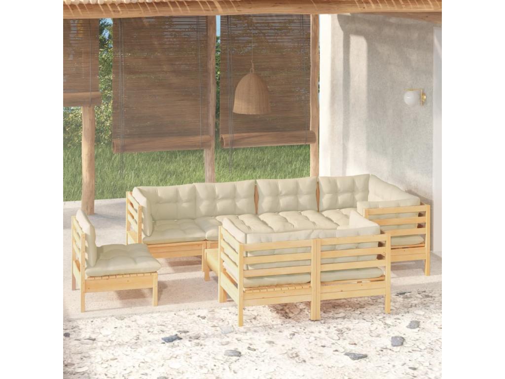 Salon de jardin 9 pcs avec coussins crème bois de pin massif 42867XTBP