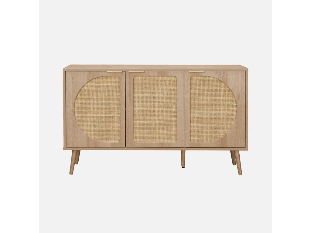 Buffet de rangement- Calmetop- cannage arrondis et décor bois- trois portes- deux niveaux - buffet bas- L 120 x l39 x H70cm 24376OFAG