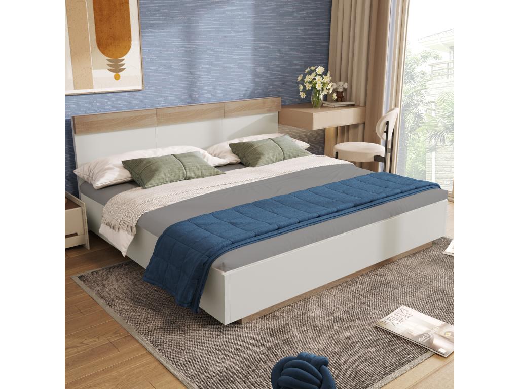 Lit double flottant en bois avec tête de lit - 140x200 cm - chêne Calmetop blanc 14264UAUC