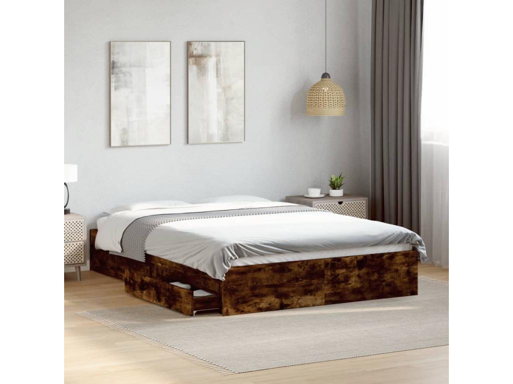 Cadre de lit à tiroirs chêne fumé 135x190 cm bois d'ingénierie 31256STVB