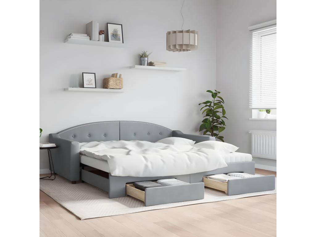 Lit de jour avec gigogne et tiroirs gris clair 100x200 cm tissu 65810VTVB