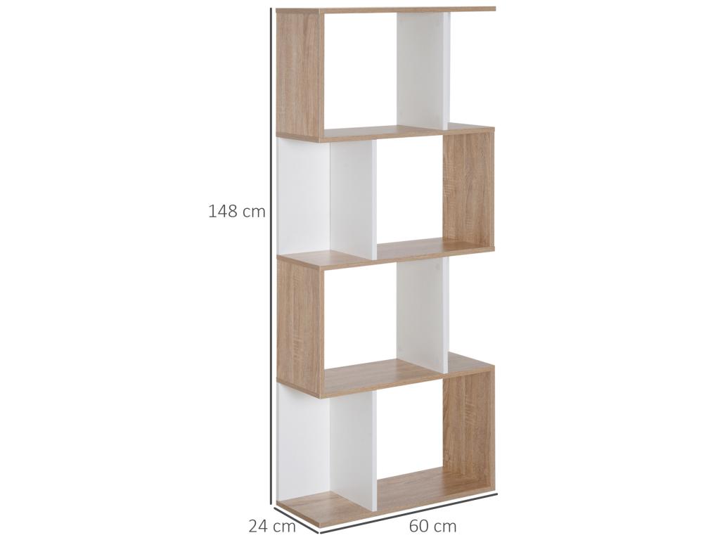 Bibliothèque étagère meuble de rangement design contemporain en S 4 étagères 60L x 24l x 148H cm chêne blanc 79905WOLP