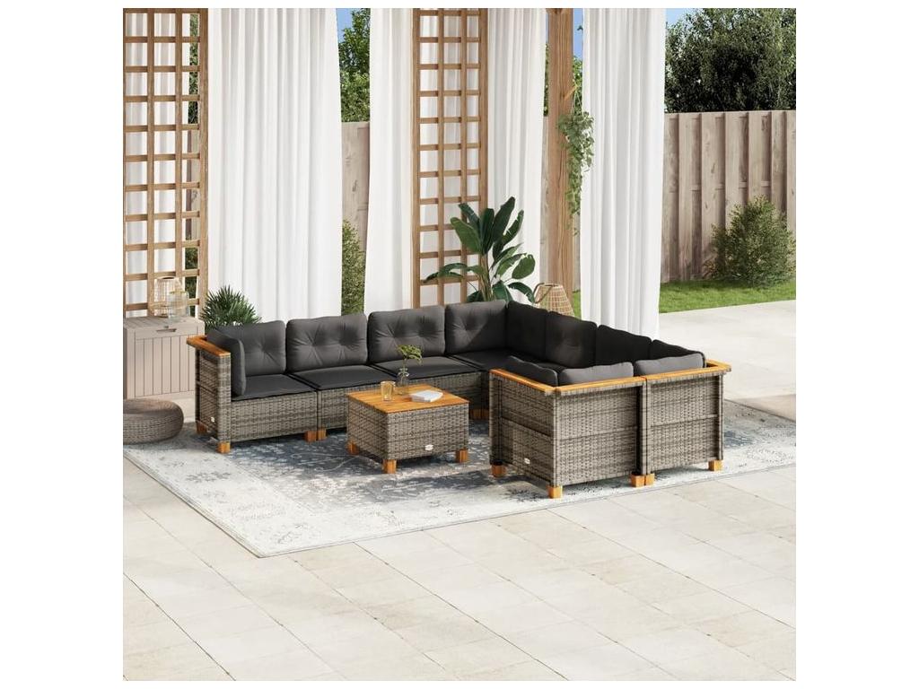 Salon de jardin 9 pcs avec coussins gris résine tressée 62466QWUX