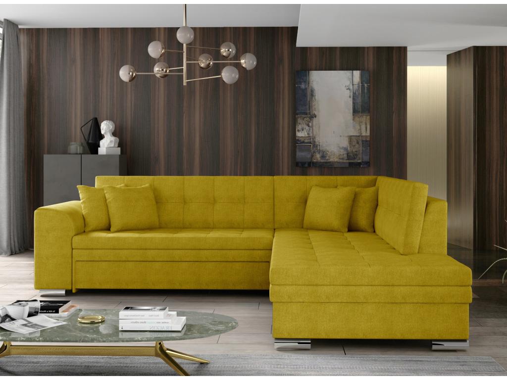 Canapé convertible angle droit tissu jaune moutarde et chromé Calmetop 260cm 47153XOZY