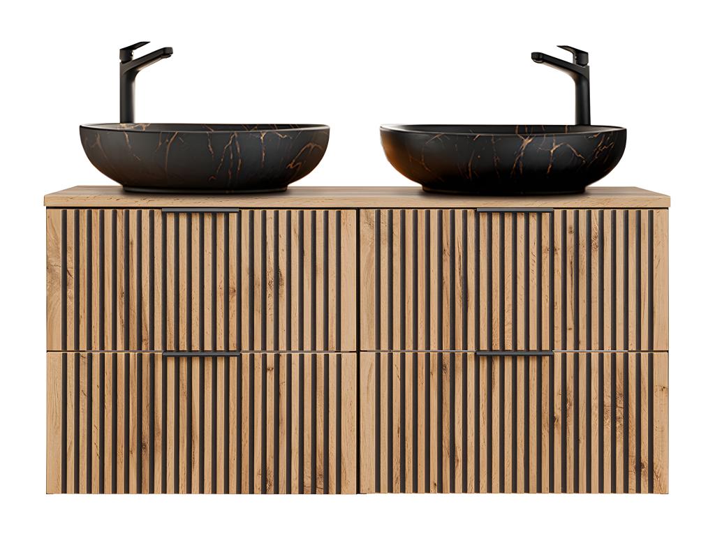 Ensemble meuble double vasque 120cm colonne et 3 armoires murales Artvivrestore Bois et Noir - Vasque Noir 93843MZBS