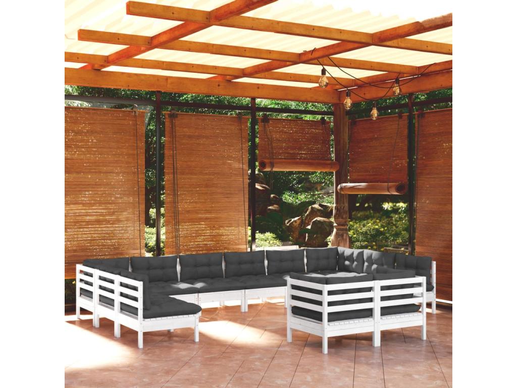 Salon de jardin 12 pcs avec coussins blanc bois de pin solide 63990QSEA