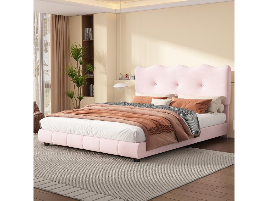 Lit Adulte 140x200 cm avec vagues et nuages ​​Tête de lit réglable Sans matelas Velvet Rose 01053YGJD